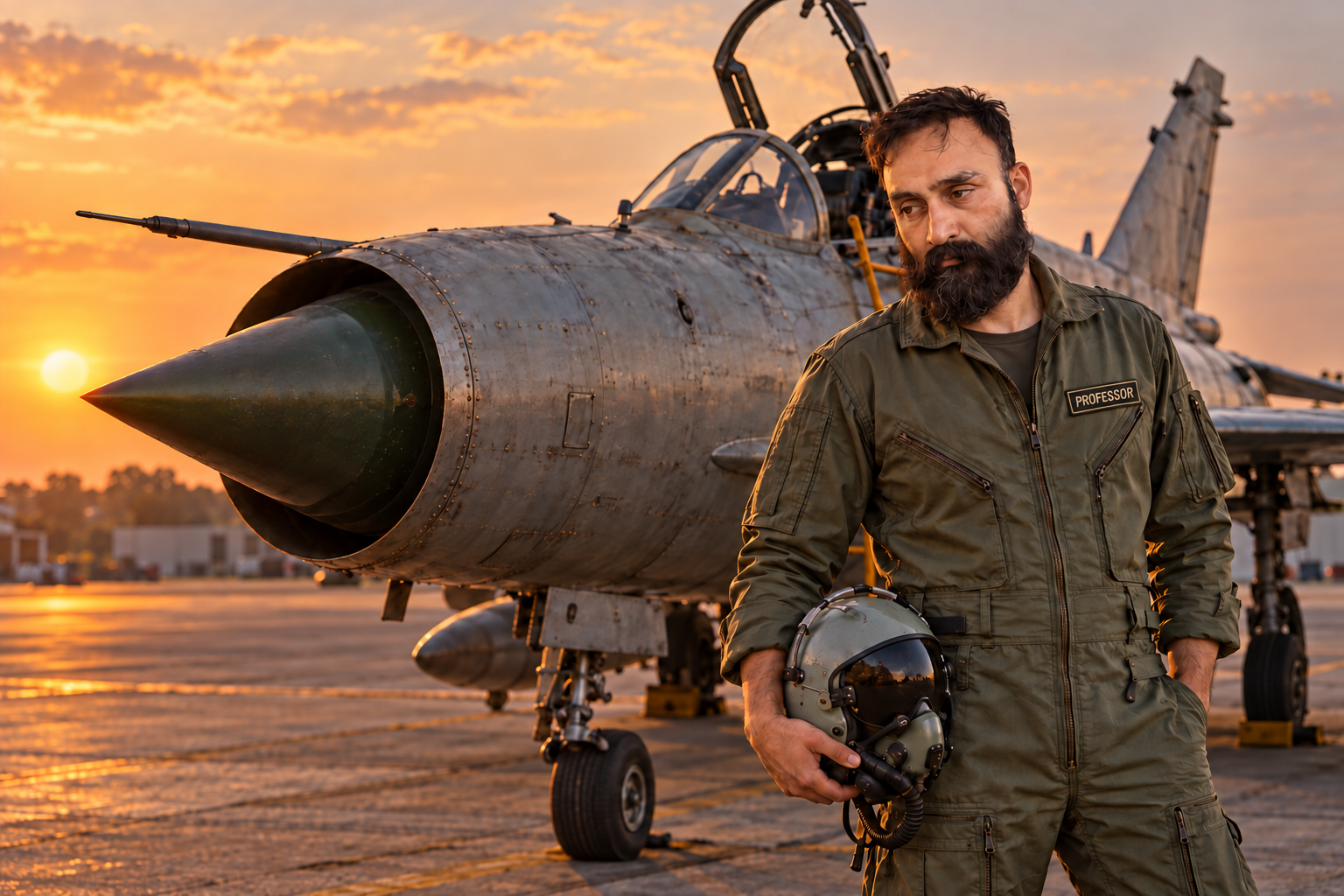 Cinematic concept of Professor beside a MiG-21 Bison at sunset